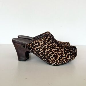 DANSKO Rae Leopard Print Block Heel Pony Hair Mules in Brown/Black, size 38